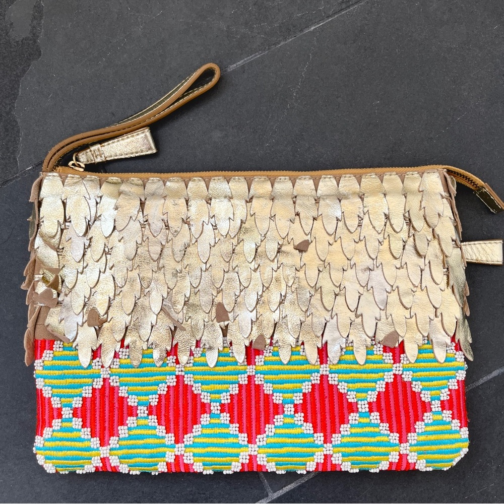 Jasper & Jeera clutch purse from Anthropologie, metallic gold leather